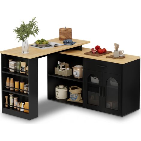 Îlot de cuisine avec rangement, plateau pivotant à 360°, table 2 places en MDF, tiroir, étagères, noir et bois naturel (1/5)