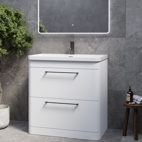 Oslo Gloss White 800mm 2 Drawer Vanity Unit with Fina Basin - 800mm - Gunmetal Grey 320mm Handle