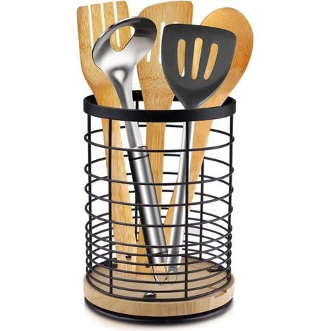 Ecleanfy - Porte-ustensiles de cuisine rotatif à 360° en métal noir, 13,5 x 18,6 cm, adapté aux cuillères et fourchettes. (1/4)