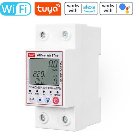 Contador de energía inteligente, contador de kWh, contador de energía eléctrica para riel DIN de 230-300 V con WiFi, monitor digital de consumo de energía con la aplicación Smart Life/Tuya (1/4)