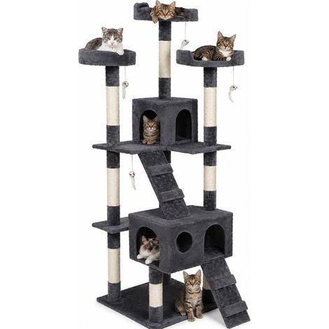 Arbre à Chat Griffoir pour Chats XXL Multiniveau en sisal H170 cm, Tour de Jeux Maison pour Chat Accessoire Grattoir Niche Couchage Panier Lit pour Chats Jeu à Souris Echelle (Gris) (1/5)