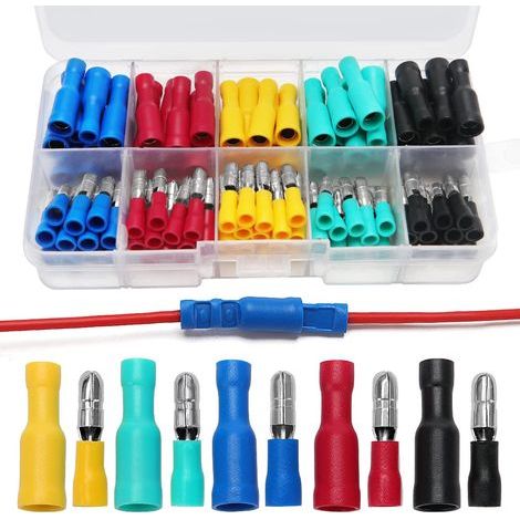 100 Pièces Cosse Câble Électrique, Mâle et Femelle Connecteurs Bullet Kit, Isolées Cosse Electrique Cylindriques (22-16 AWG) (1/5)