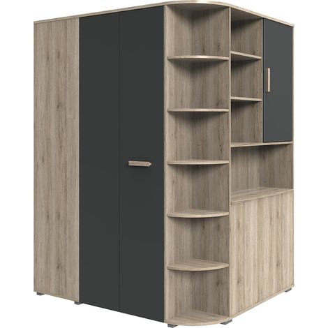 Eckkleiderschrank begehbar mit Bettkasten in Eiche mit graphit CANTON-43