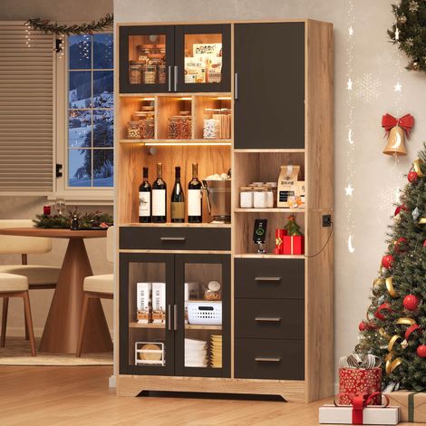 Küchenregal, Bauernhaus-Stil Vintage Hochschrank, Aufbewahrungsschrank, Vitrinenschrank, verstellbare Regale, farbwechselnde LED-Leuchten und Steckdose, 185 × 100 × 40 cm (1/5)