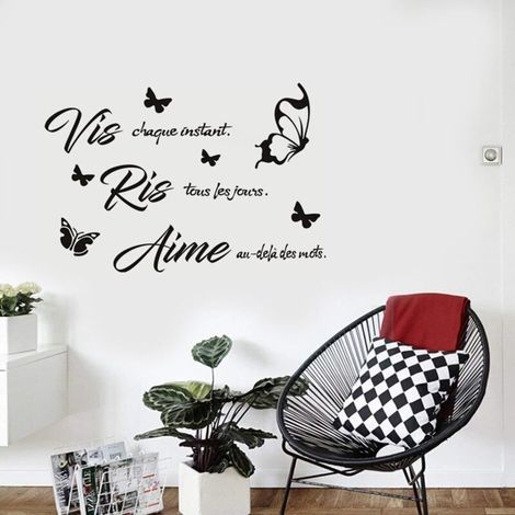 Décalcomanie Murale Française Inspirante - "Vis, Ris, Aime" avec Papillons Élégants - Motivation Quotidienne pour Chambres, Le Salon，Salle d'étude & Espaces Positifs (30x58cm) (1/3)