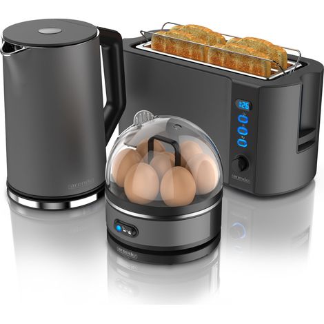 Arendo - Wasserkocher mit Toaster und Eierkocher SET Edelstahl Grau Wasserkocher 1,5L 40° - 100°C, Toaster 4 Scheiben LED-Display 6 Bräunungsgrade (1/5)
