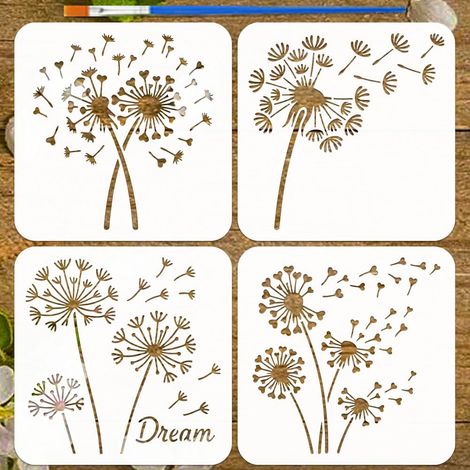 4 Pièces Pochoirs de Pissenlit avec un Pinceau 20x20cm Pochoirs de Rêve de Pissenlit Thème Nature Plantes Pochoir de Peinture Gabarit PET Réutilisable en Plastique pour Mur Bois DIY Art (1/5)