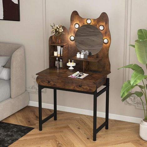 80x50cm Miroir LED Coiffeuse Table de Maquillage avec Prises USB Rangement Beauté pour Chambre Ado Adulte Marron (1/5)