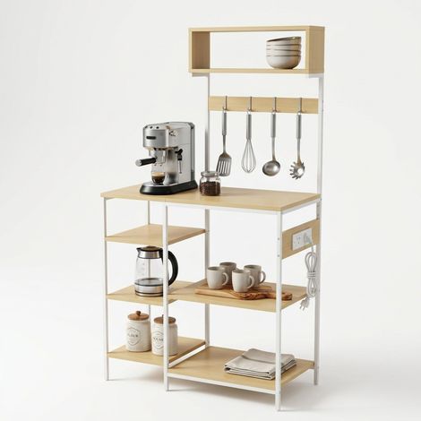 Relaxdays kitchen shelf with sockets & USB, HWD: 151x82x40 cm, microwave shelf, wood-look, metal, natural/white
