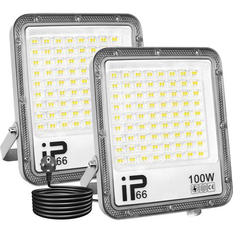 2pcs Projecteurs LED Extérieur Avec Prise EU, Spot LED 100W 10000LM Blanc Froid 6000K IP66 Etanche Eclairage Lumière de Sécurité pour Jardin Patio Garage Terrasse Maison