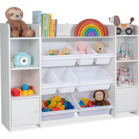 Relaxdays Scaffale Libreria per Bambini, 8 Scatole Portagiochi e Ripiani per Libri, HLP: 94x139x30 cm, MDF e PE, Bianco