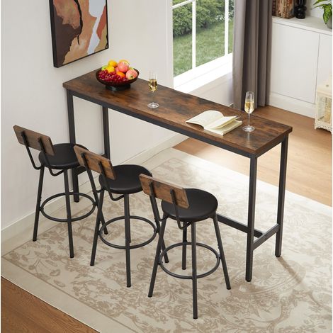 MEUBLIV Table haute industrielle 160x40 cm marron et noir – 3 tabourets de bar (1/5)