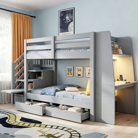 Letto a castello per bambini 90x200 cm in legno grigio con scrivania e contenitori - CHICFURN (1/5)