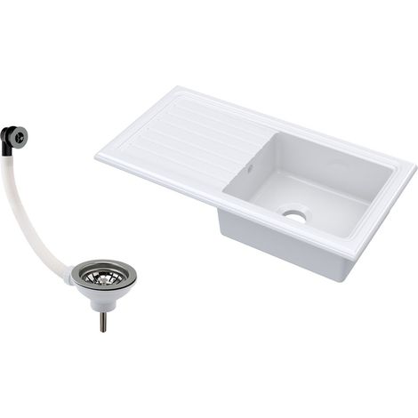 Balterley 1 Bowl Fireclay Ceramic Inset Kitchen Sink with Drainer & Brushed Nickel Waste, 1010mm - White (1/2)