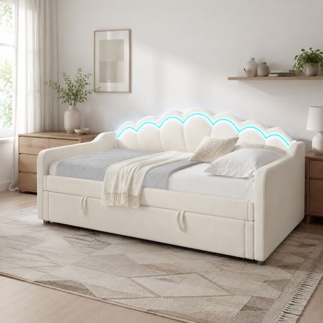 Lit banquette convertible 90 x 200 cm en velours beige, structure MDF, coffre de rangement hydraulique, tête de lit ondulée avec LED télécommandée – de FLORAGRACE (1/5)
