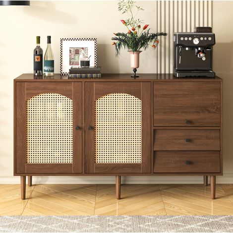 Buffet 130x40x75.5 cm bois en panneaux de particules avec portes en rotin et étagères réglables (1/5)
