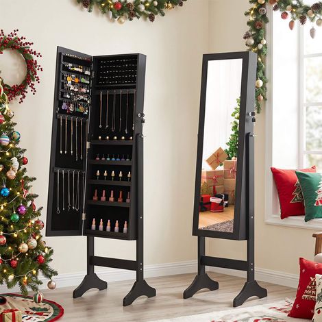Lockable Black Jewelry Cabinet with Full-Length Mirror (1/4)