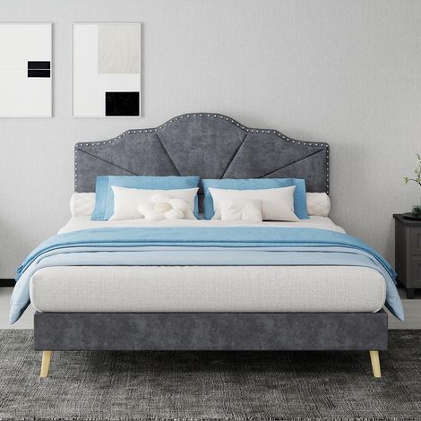 Lit moderne minimaliste et moelleux, tête de lit confortable et douce, 140200CM, gris, meuble de chambre multifonctionnel, cadre de lit bas sans vérin à gaz, matelas non inclus. (1/5)