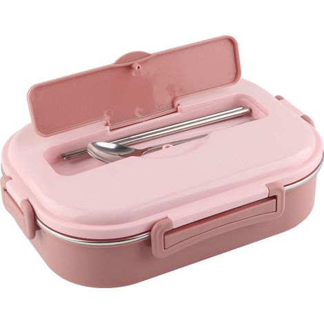 Boîte-repas Bento 4 compartiments en acier inoxydable avec bol à soupe - Rangement alimentaire portable pour écoliers et adultes - Rose (1/5)