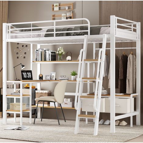 Cama alta 90x200 cm blanco y natural de metal y MDF con escritorio (1/5)