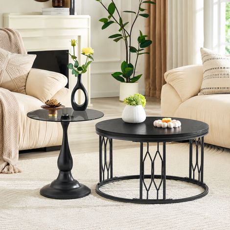 Table basse ronde 70 cm avec plateau MDF effet bois et structure en acier noir HAVRYA (1/5)