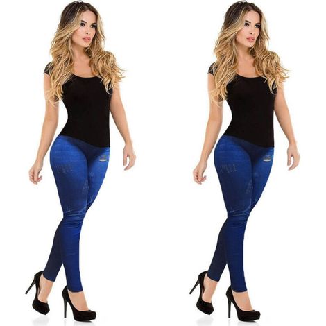 Leggings Femmes Effet Jeans Amincissant Couleurs Claires Et Foncées (1/5)