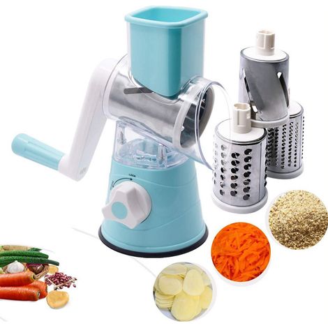 Affettatrice manuale da cucina, tagliaverdure multifunzione con 3 lame a tamburo staccabili, tagliaverdure per patate, potente aspirazione, carote, formaggio, noci, ecc.