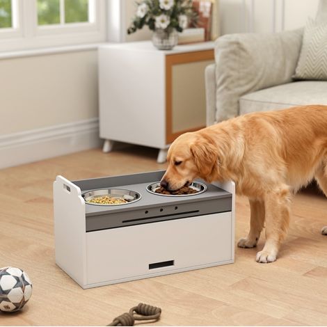 Ciotola rialzata per cani con mobile contenitore, 2 ciotole in acciaio inox, bianco (1/5)