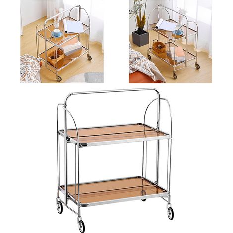 Chariot de rangement à roulettes à 2 niveaux en verre trempé et acier inoxydable, étagère mobile utilitaire pour chambre, salon et salle à manger, couleur fauve (1/5)
