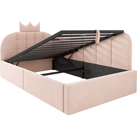 Lit banquette 90 x 190 cm en velours rose avec rangement hydraulique, MODENUIT (1/5)