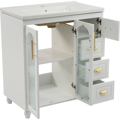 Badmoebel Unterschrank mit 3 Schubladen und 3 Tueren, Waschbecken aus Porzellan, fuer Bad, MDF, 80 x 46 x 83 cm (1/5)