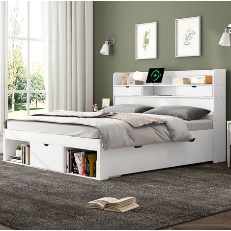 Letto matrimoniale 160/200 cm bianco con prese USB/Type-C e ampio spazio contenitivo (1/5)