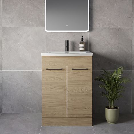 Napoli 390 Light Oak 600mm 2 Door Vanity Unit with Arc Basin - 600mm - Matt Black 160mm Handle