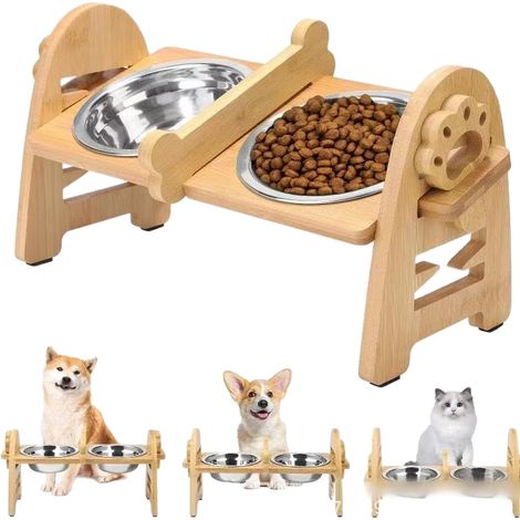 Table de repas pour chien et chat en bambou massif, support gamelle double hauteur ajustable, mangeoire surélevée avec bols acier inoxydable lavables, structure stable anti-glisse pour animaux domesti (1/5)