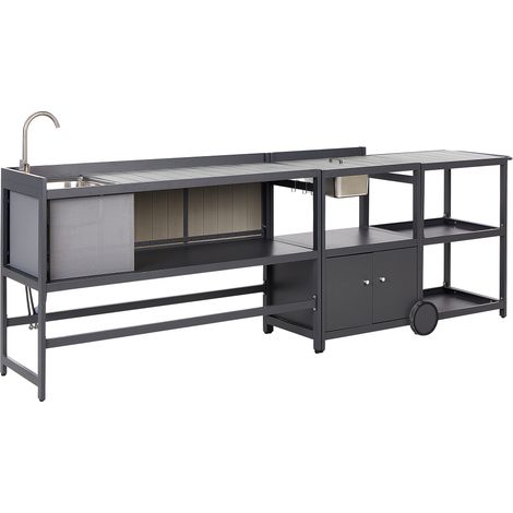 Conjunto de cocina exterior de 3 piezas armario de aluminio isla de cocina fregadero cubitera carrito de jardín gris Ortisei