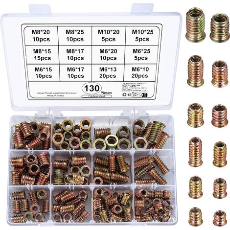 130 Pcs Insert Fileté Bois M6 M8 M10, Ecrou Inserts Filetés, Écrous Manchons à Visser Filetée Insert Ecrou Hexagonal pour Fixation et Connexion de Meubles en Bois, Acier au Carbone (1/5)