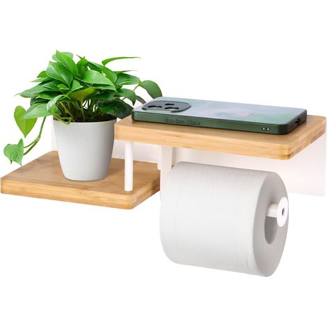 Porte-Papier Toilette Mural en Bois de Bambou, Support Porte Papier Toilette avec Etagère en Bambou Plateau, Dérouleur Papier Toilette Salle de Bain sans Perçage - Fixation Adhésive ou à Percer (1/5)