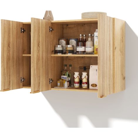 Meuble mural cuisine 3 portes, armoire suspendue de rangement MDF naturel, 90x29x60 cm (1/5)
