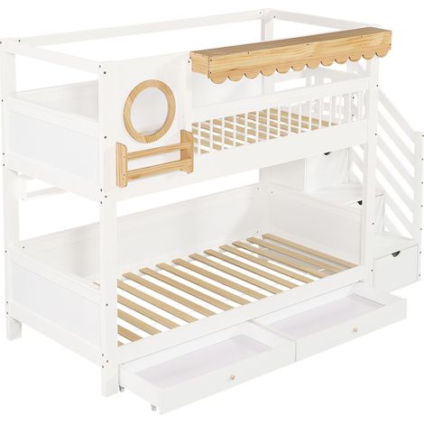 Lit superposé, lit enfant, deux tiroirs de rangement à roulettes, avec armoire d’escalier, avec une rangée d’étagères de 2 mètres de long, tablette latérale, pin + MDF, blanc + naturel, 90x200cm