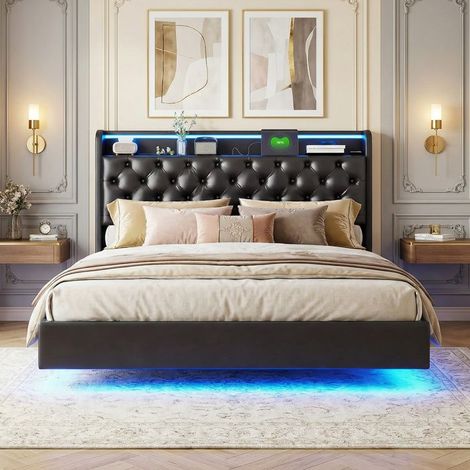 Struttura letto 140x190 cm, USB e LED, idraulica, con rete a doghe, letto matrimoniale, PU, Nero