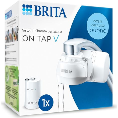 BRITA ON TAP V include 1 x filtro acqua rubinetto V (4 mesi) - riduce cloro, PFAS, piccole particelle e metalli - indicatore durata filtro manuale