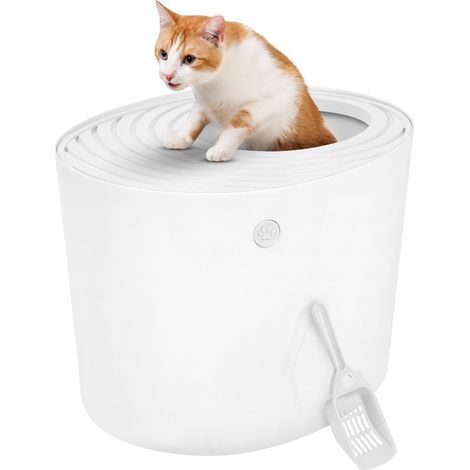 Maison de Toilette pour Chat avec Pelle, Max. 7 kg, Blanc, Ouverture en Haut, Bac a Litiere avec Couvercle, Amovible, pour Chaton, Grande Capacité, sans BPA, Nettoyage Facile, PUNT-530 (1/5)