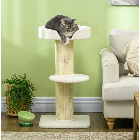 Tiragraffi per gatti 45x45x91 cm, con piattaforme, cuscino removibile, rivestimento morbido, bianco crema (1/5)