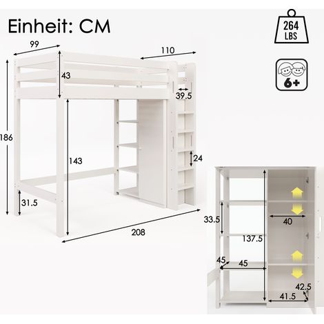 Lit superposé pour enfant 90x200 cm, structure simple avec placard et 6 tablettes, blanc, matériau robuste, assemblage aisé, solide et durable (sans matelas)