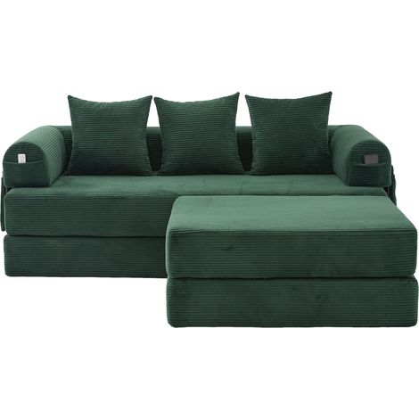 Sofá modular de pana con otomana, estructura metálica, 3 cojines y bolsillo lateral, verde (1/5)