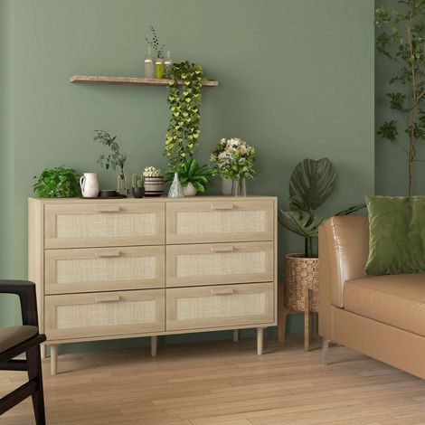 Commode 6 tiroirs meuble de rangement avec tissage en rotin dim. 110L x 40l x 75H cm Aspect Bois Clair