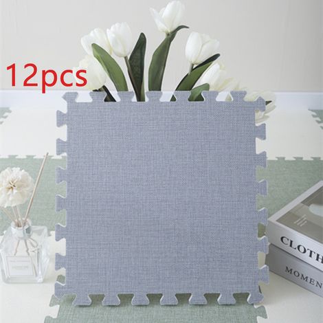 Tapis puzzle carré 12 pièces, tapis de jeu en lin, tapis carré, lavable, 3030 cm, gris clair (1/5)
