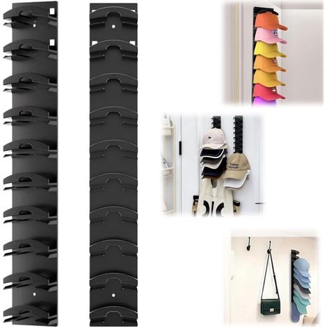 Porte-chapeaux muraux lot de 2 de 35 x 6 cm - étagères de rangement pour 20 casquettes, noires (1/5)