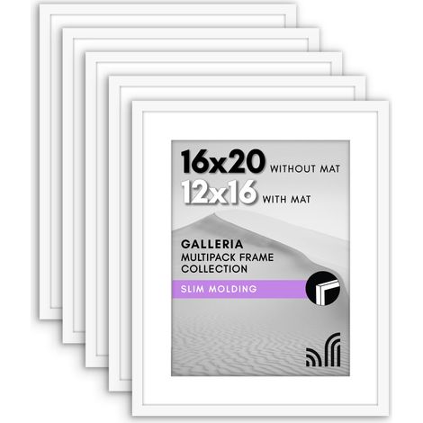 Lot de 5 cadres photo de 30,5 x 40,6 cm avec passe-partout ou cadre de 40,6 x 50,8 cm sans passe-partout - cadre photo mural avec vitre en plexiglas poli - blanc (1/5)