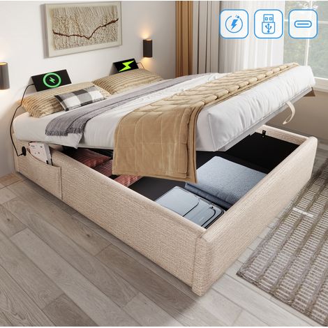Letto contenitore 140x200 cm beige naturale in lino con USB-C e piano in legno massello (1/5)